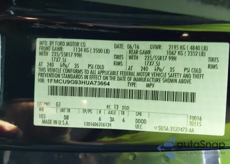 2017 Ford Escape Se z USA, uszkodzony, nr VIN 1FMCU9G93HUA73664
